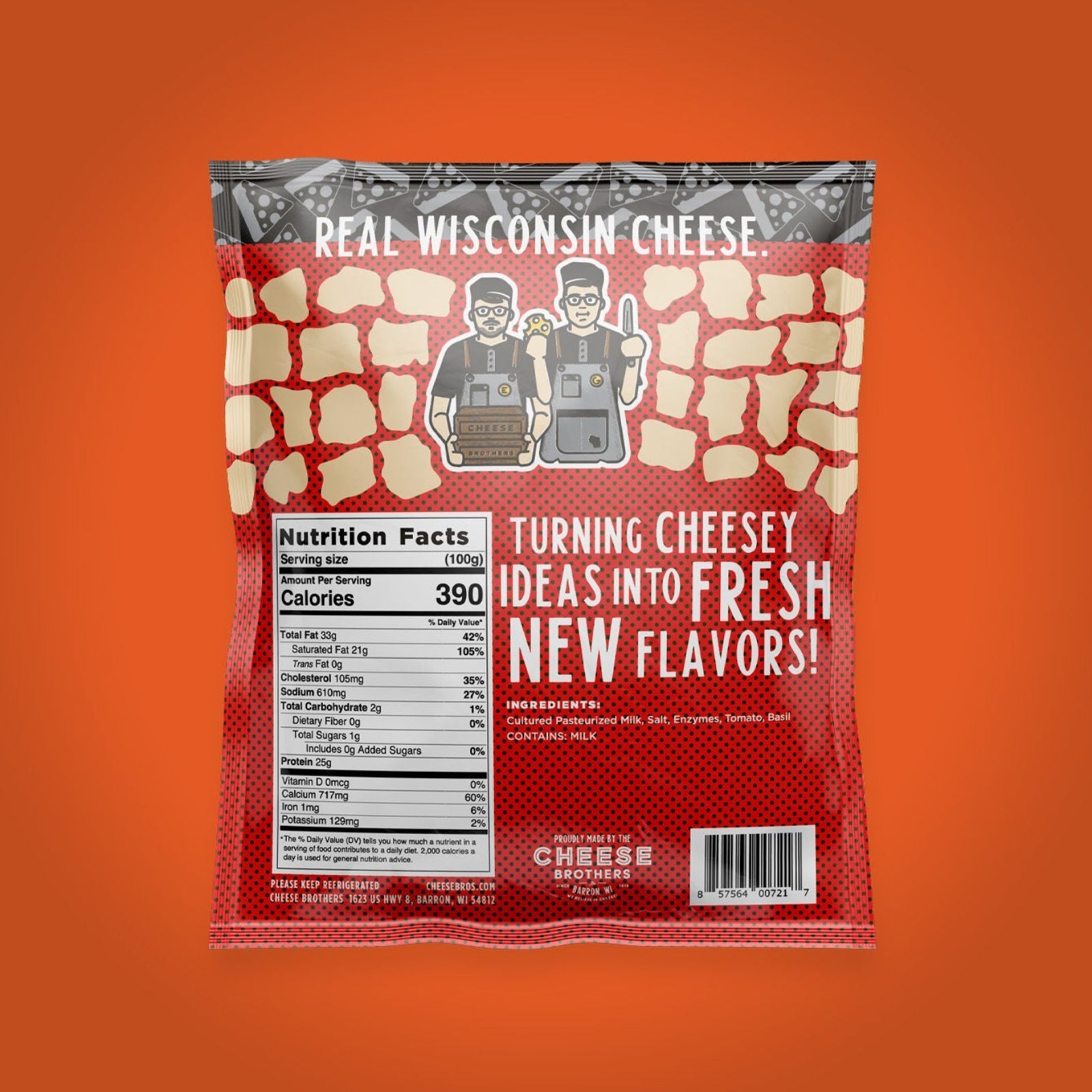 Package of Tomato Basil cheese curds presented on plain orange background showing nutrition label and ingredients