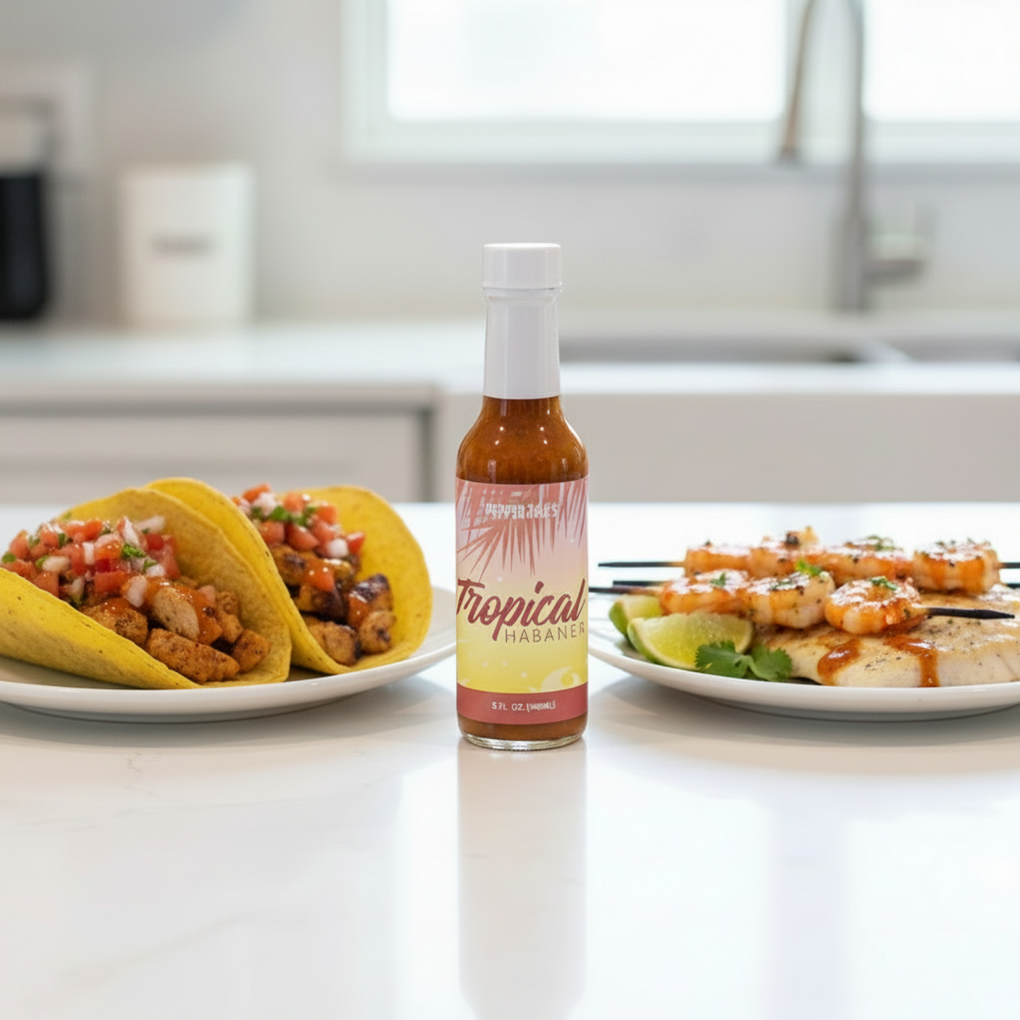 Tropical Habanero Hot Sauce bottle on a white kitchen counter beside a plate of tacos and a plate of fish and shrimp drizzled with spicy blueberry hot sauce.