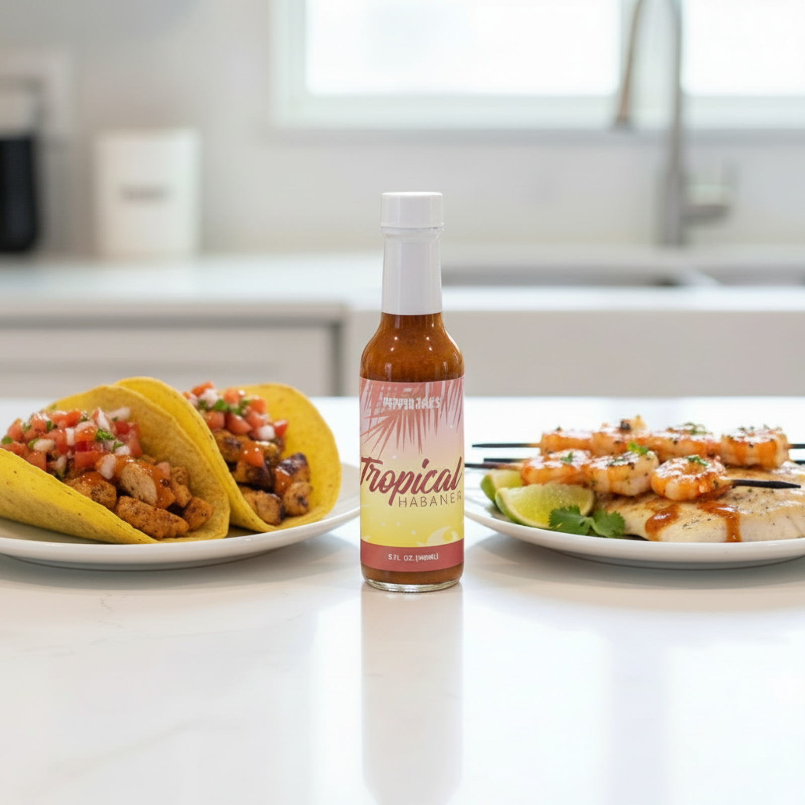 Tropical Habanero Hot Sauce bottle on a white kitchen counter beside a plate of tacos and a plate of fish and shrimp drizzled with spicy blueberry hot sauce.