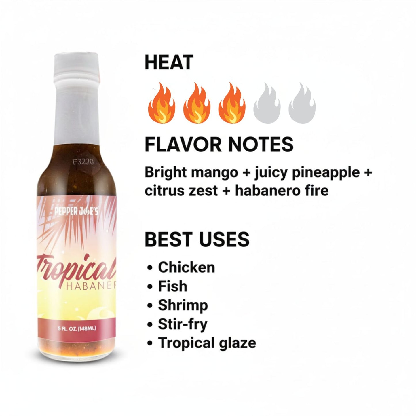 Tropical Habanero Hot Sauce heat and flavor infographic showing heat level 3 of 5 with bright mango, juicy pineapple, citrus zest, and habanero fire flavor notes, suggesting best uses on chicken, fish, shrimp, stir-fry, and as a tropical glaze