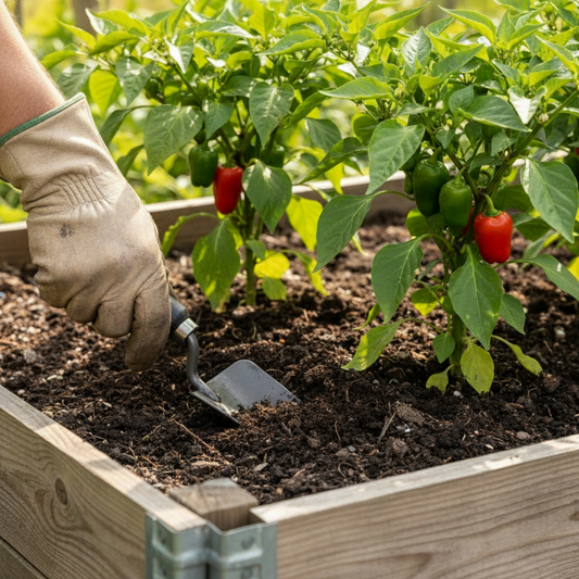 Person using a hand trowel to work soil in a raised garden bed beside green and red pepper plants