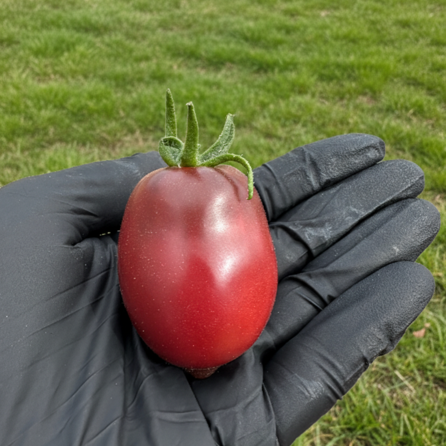 Pepper Joe's Ukrainian Purple Tomato in black gloved hand, used to display tomato seeds for sale. 