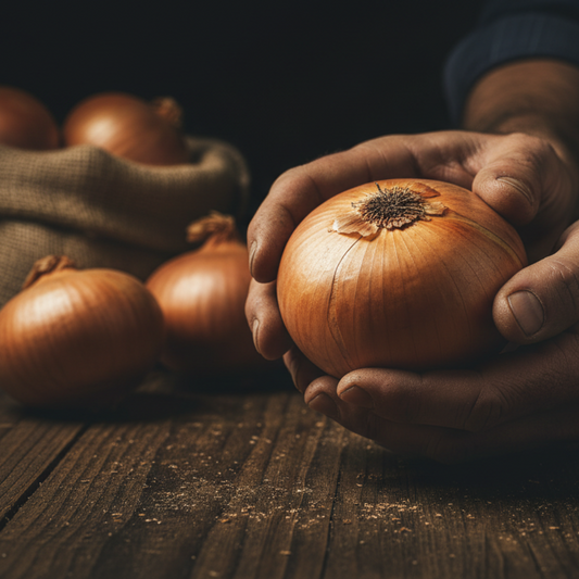 Vidalia Onions in hands on dark wooden counter top used to display onion seeds for sale
