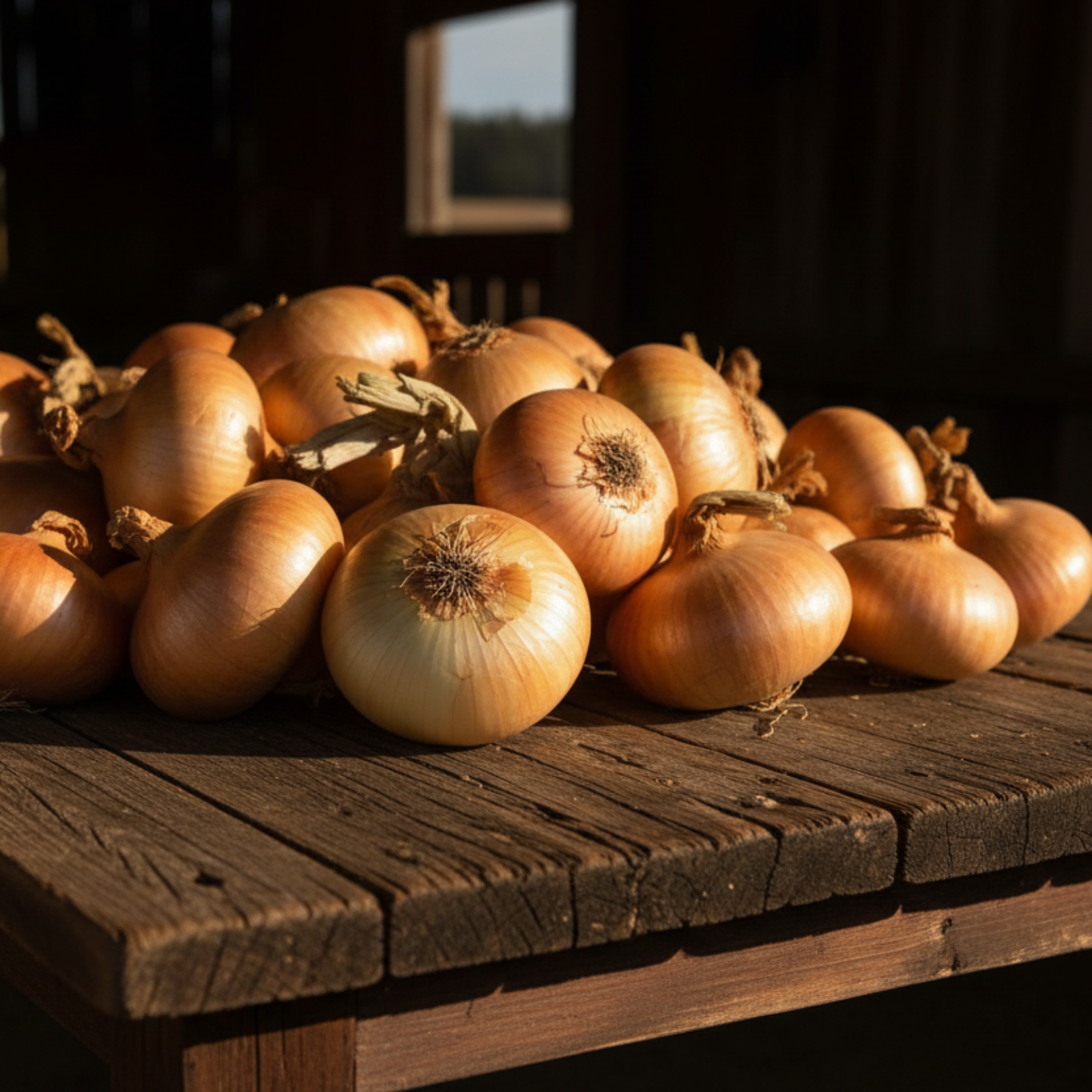 Harvested Walla Walla onions on farm table at golden hour used to display onion seeds for sale