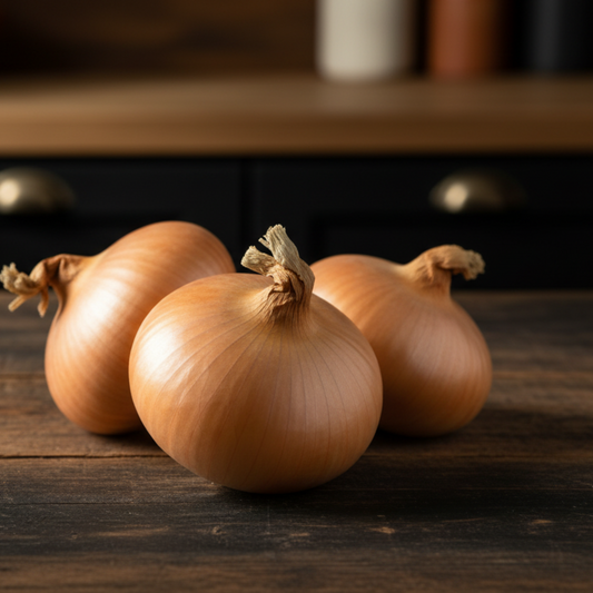 Walla Walla onions on wooden countertop used to display onion seeds for sale