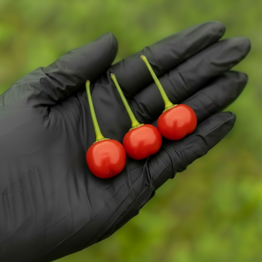 Wiri Wiri Pepper pods on a black gloved hand