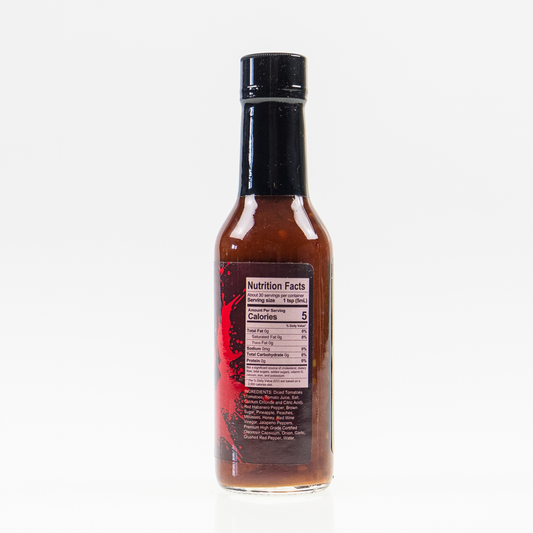 Back label of XXX Habanero Hot Sauce bottle showing ingredients and nutrition facts