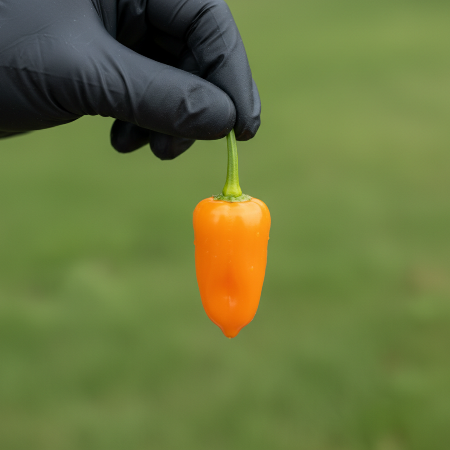 Yellow Datil pepper - held by stem in black gloved hand used to display pepper seeds for sale