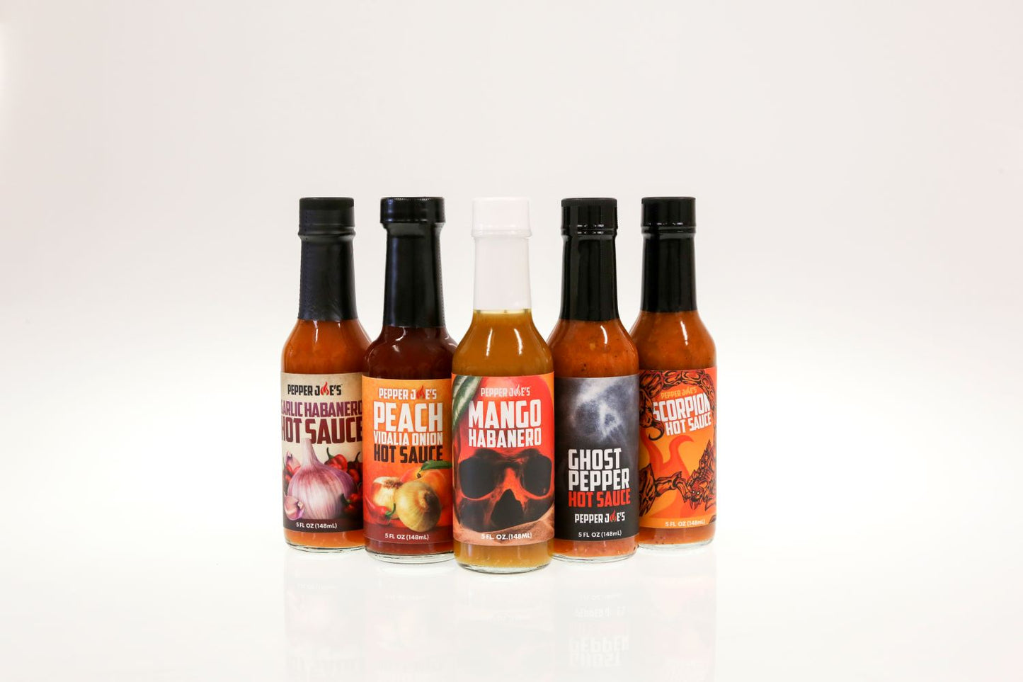 Pepper Joe's 5-Pack Hot Sauce Bundle - five hot sauces lined up in white background