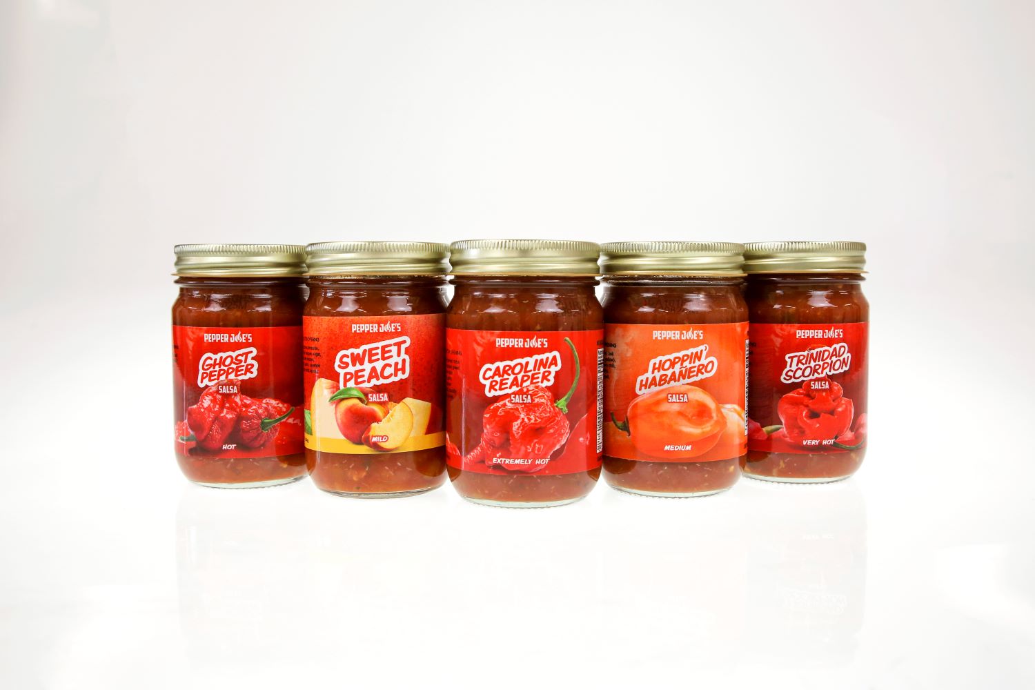 Pepper Joe's Sweet and Spicy Salsa 5-Pack - five hot pepper salsa jars on white background