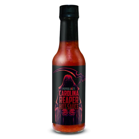 Pepper Joe's Carolina Reaper hot sauce bottle on white background 