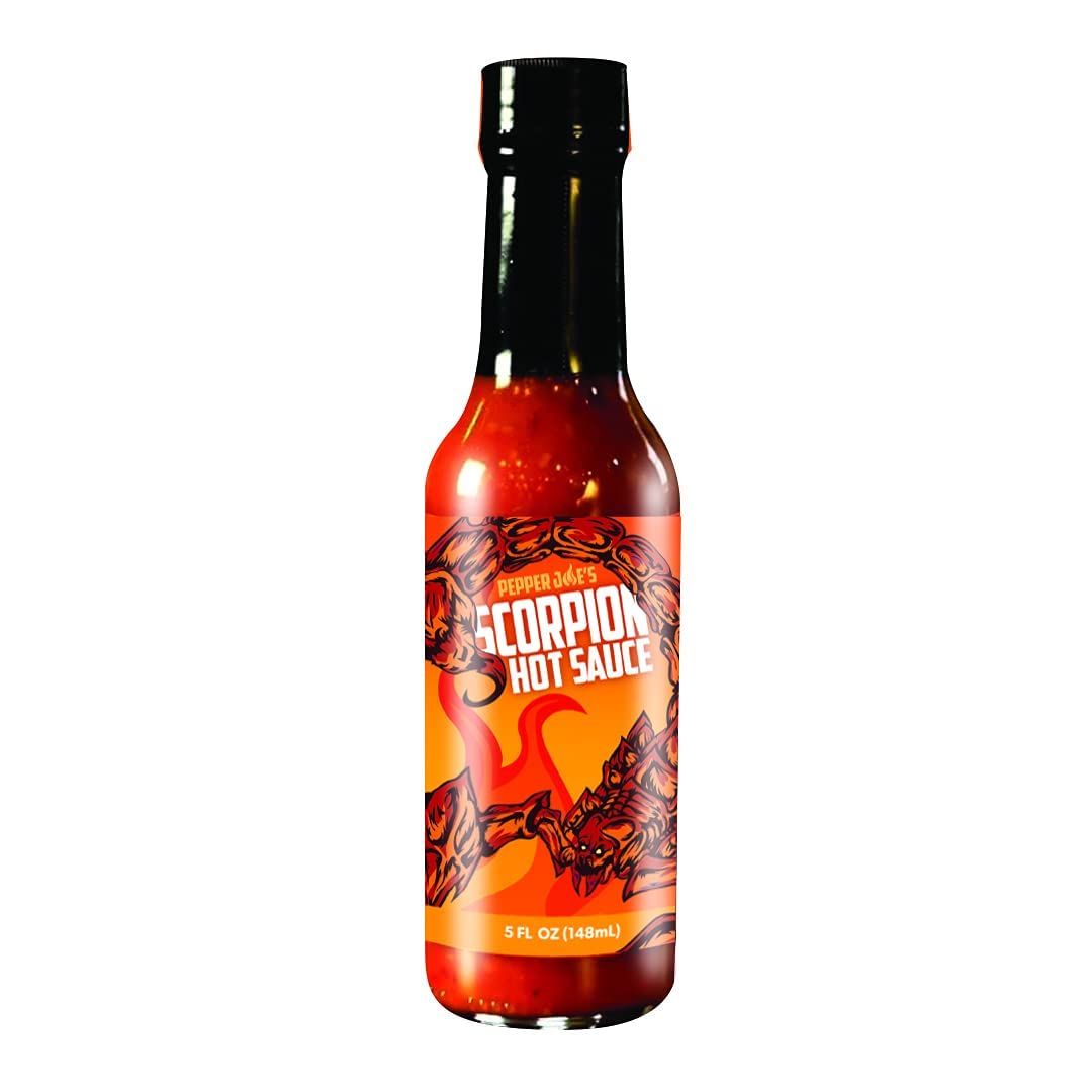 Pepper Joe's trinindad scorpion hot sauce on white background