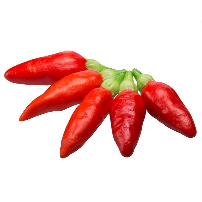 Pepper Joe's cayenne chili - 5 red cayenne peppers on white background