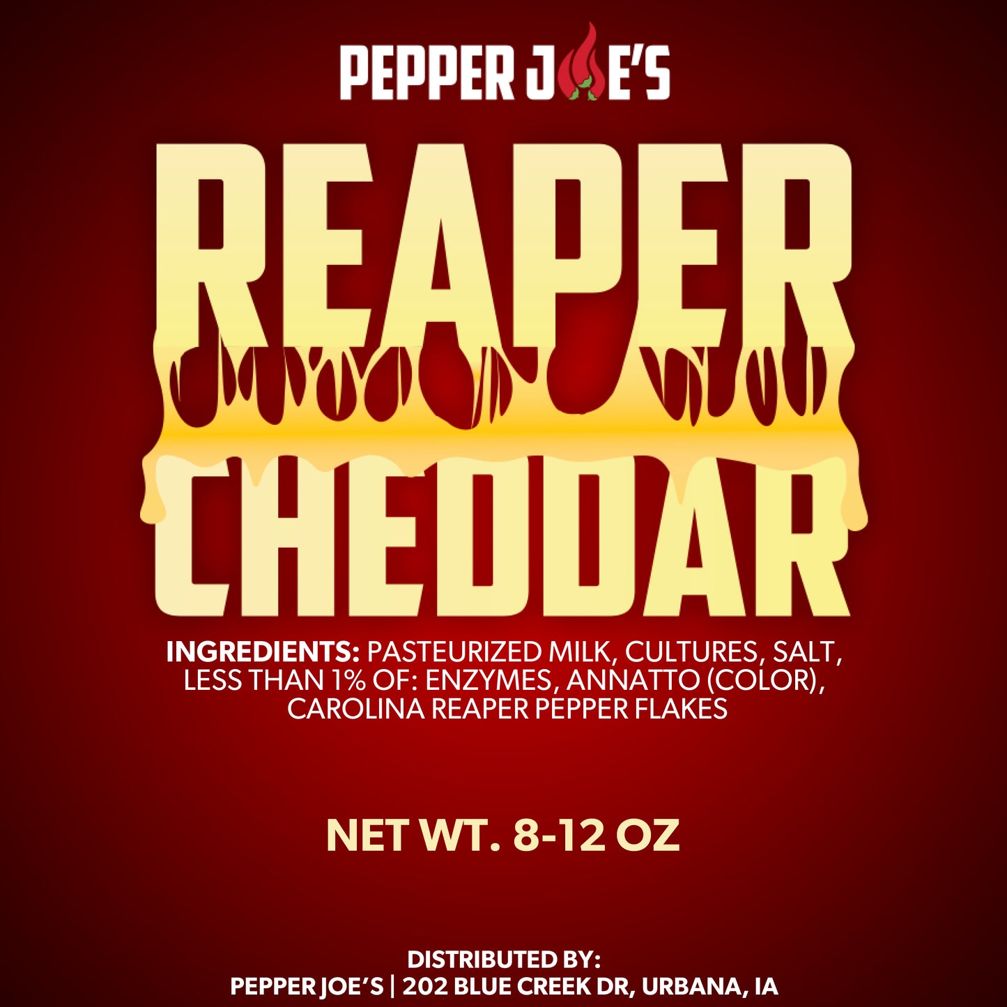 Pepper Joe's Carolina Reaper Cheddar Cheese - spicy cheese packaging label