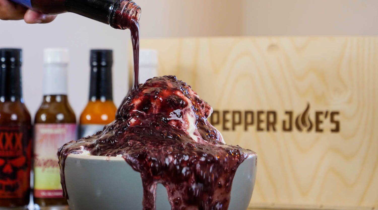 Pepper Joe's Carolina Reaper hot sauce collection - Blueberry Reaper hot sauce pour on ice cream