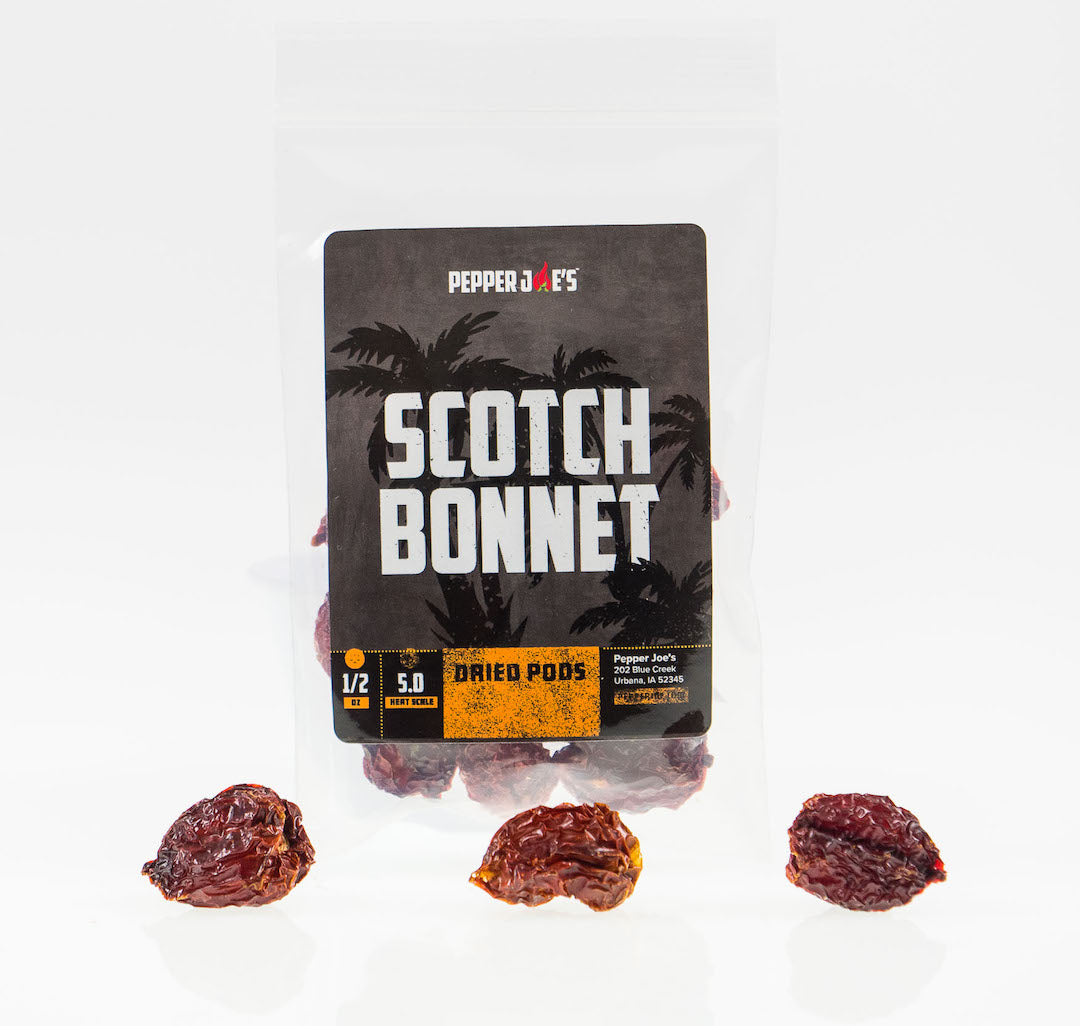 Pepper Joe's Scotch Bonnet Dried Pods - clear bag packaging with black label with dried pods around the bag