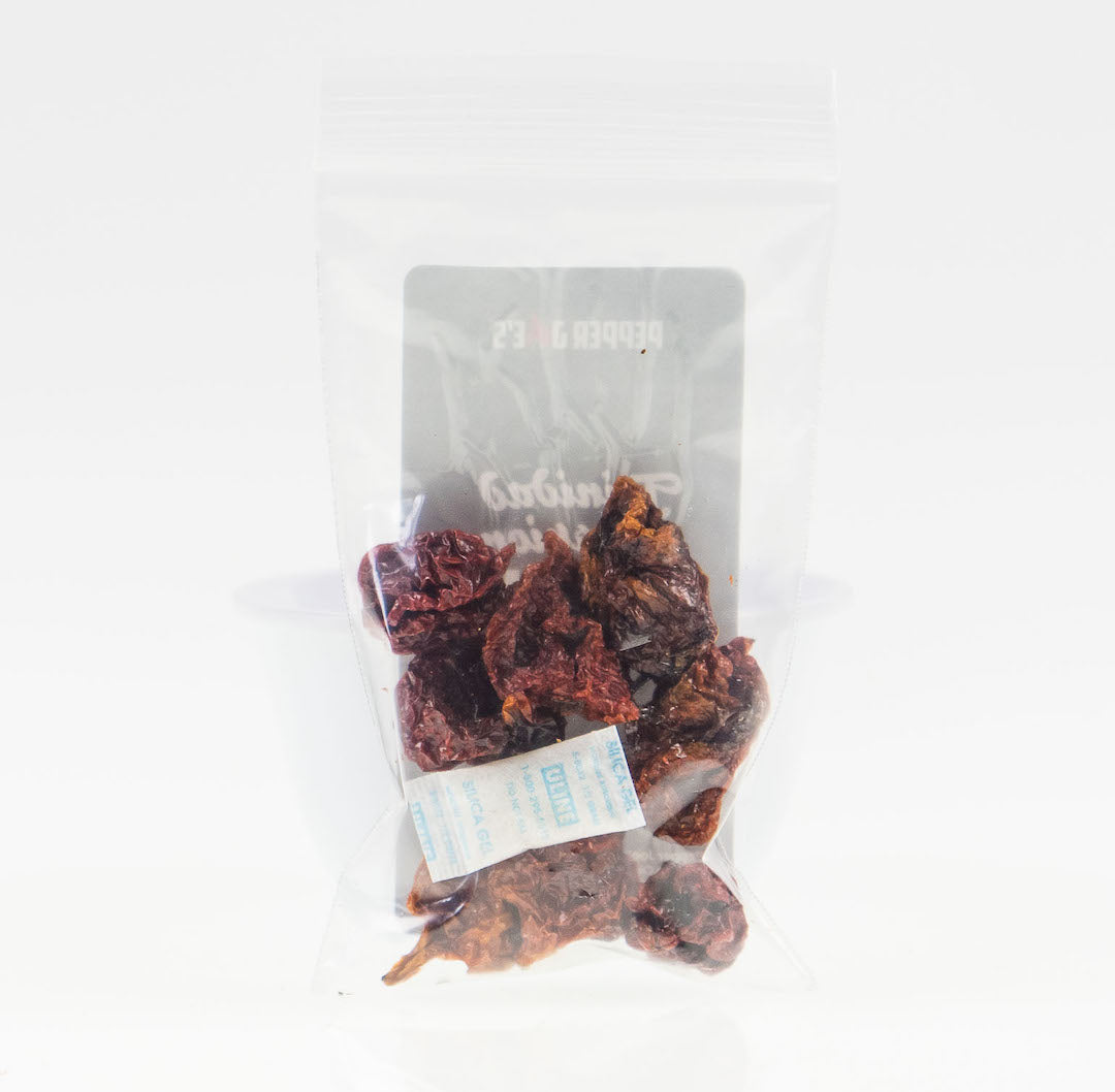 Pepper Joe's Trinidad Scorpion Butch T Dried Peppers - back of clear bag packaging with dried pods on white background