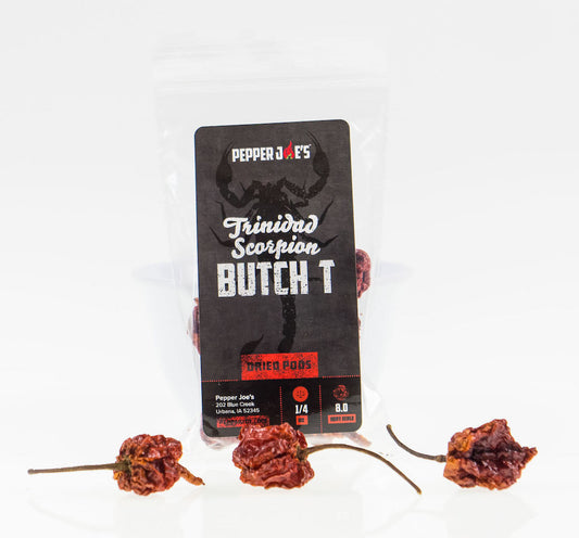 Pepper Joe's Trinidad Scorpion Butch T Dried Pods - packaging of bag with dried pods on white background