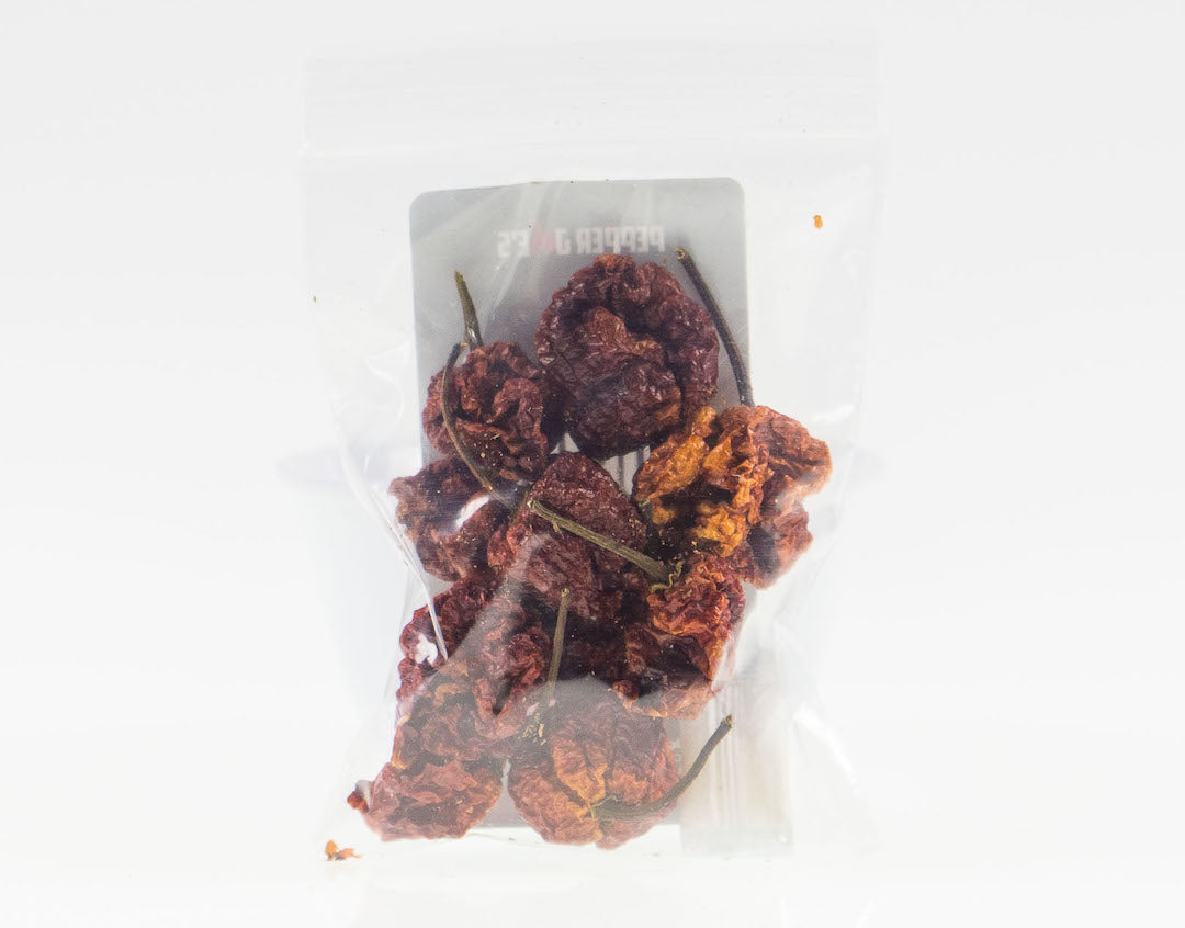 Pepper Joe's Trinidad Moruga Scorpion Dried Peppers - back of clear bag packaging with dried pods inside of bag