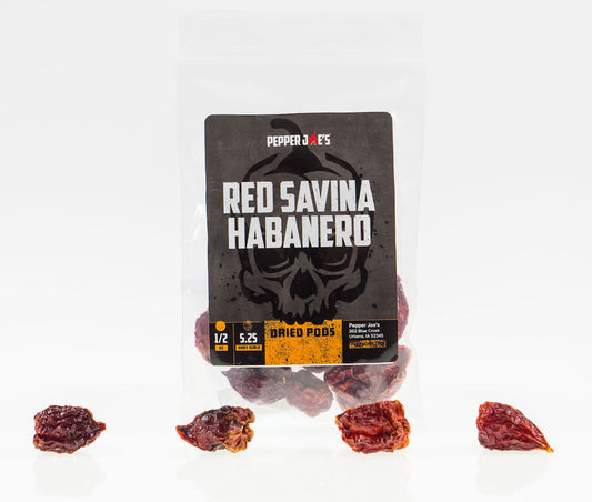 Pepper Joe's Red Savina Habanero dried peppers - clear bag packaging with label with dried pods around the bag