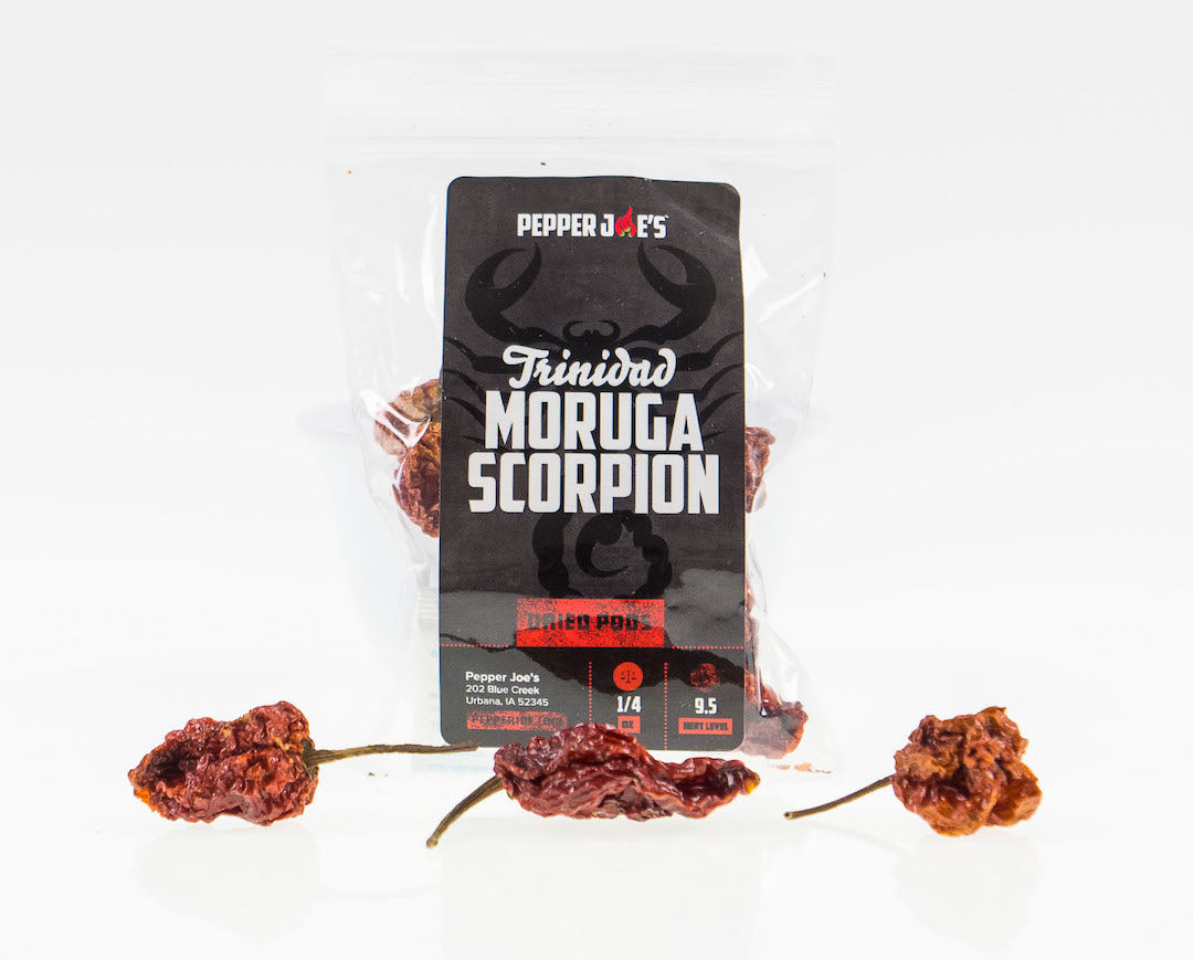 Pepper Joe's Trinidad Moruga Scorpion Dried Pods - clear bag packaging with label with dried pods around the bag