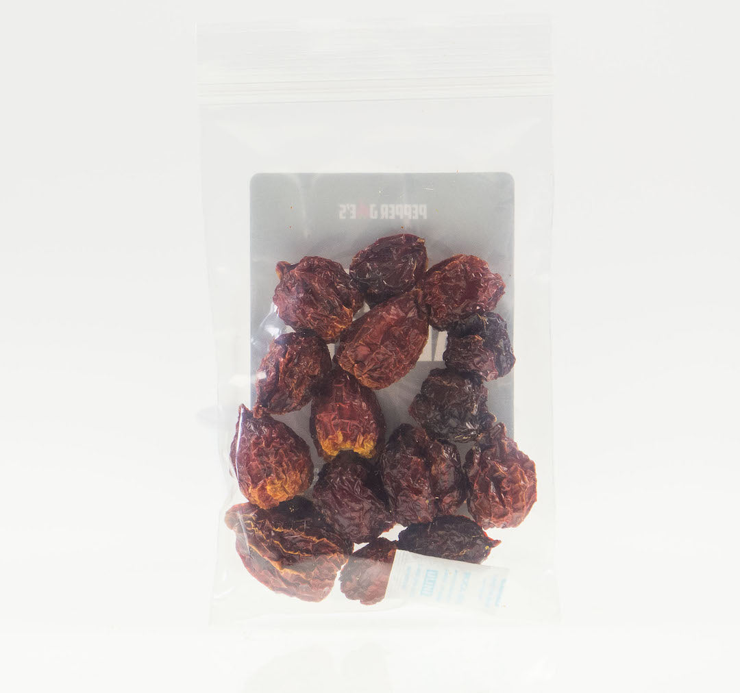 Pepper Joe's Habanero Dried pepper pods - back of clear bag packaging with dried habanero pepper pods inside the bag