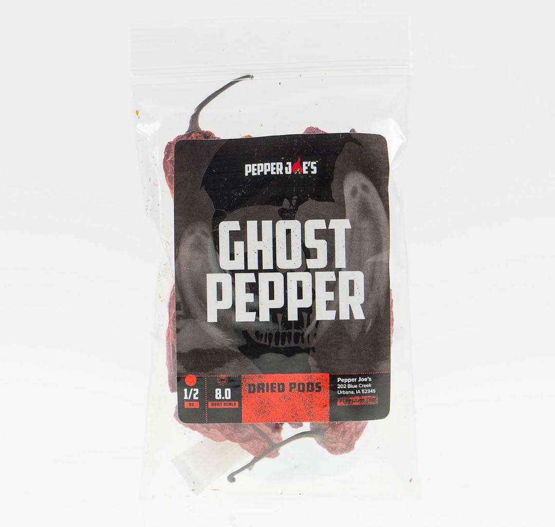 Pepper Joe's Ghost Dried Pepper Pods - bag label of dried ghost pepper pods on white background