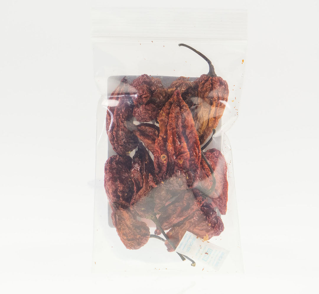Pepper Joe's Ghost Pepper Dried Peppers - back of packaging with 12 or more dried ghosts inside bag