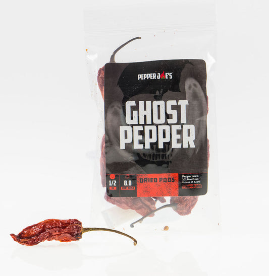 Pepper Joe's Ghost Dried Pods - Packaging label of ghost pepper dried pods on white backgrond