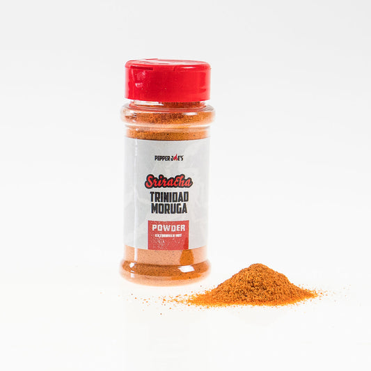 Pepper Joe's Sriracha Trinidad Moruga Scorpion Pepper Powder - powder next to jar on white background
