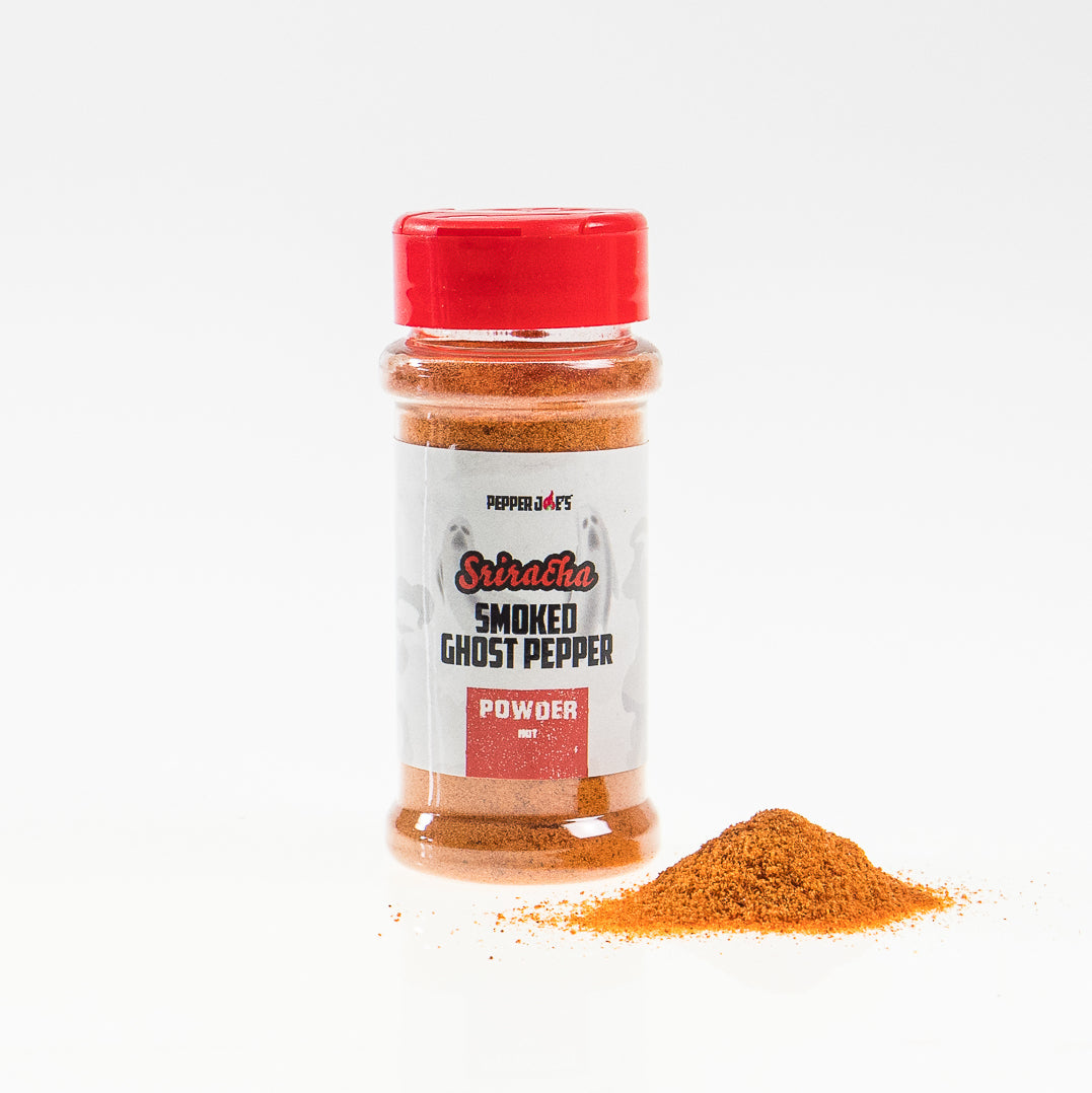 Pepper Joe's Sriracha Smoked Ghost Pepper Powder - powder next to jar on white background