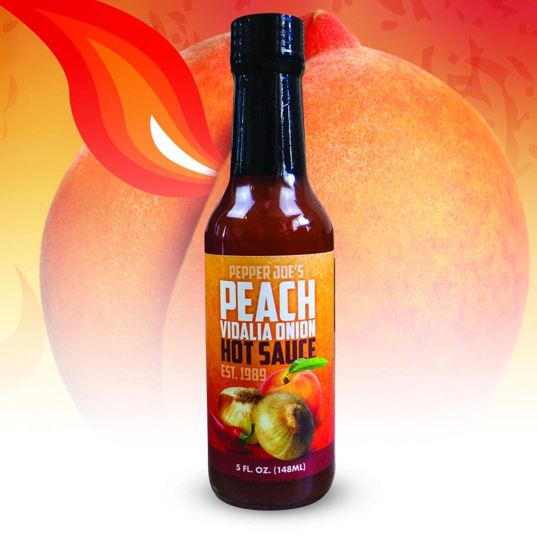 Peach Vidalia Onion Hot Sauce graphic with fire breathing out of peach