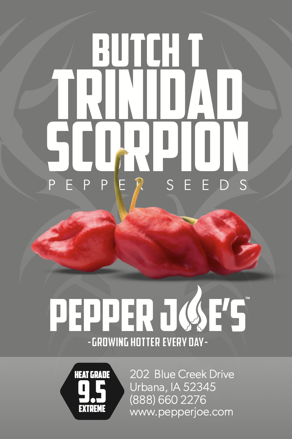 Pepper Joe's butch t scorpion pepper - seed label of Butch T Trinindad Scorpion red peppers