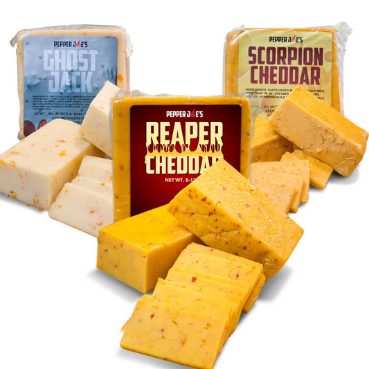 Pepper Joe's World's Hottest Pepper Cheese Collection - three hot cheese blocks on white background