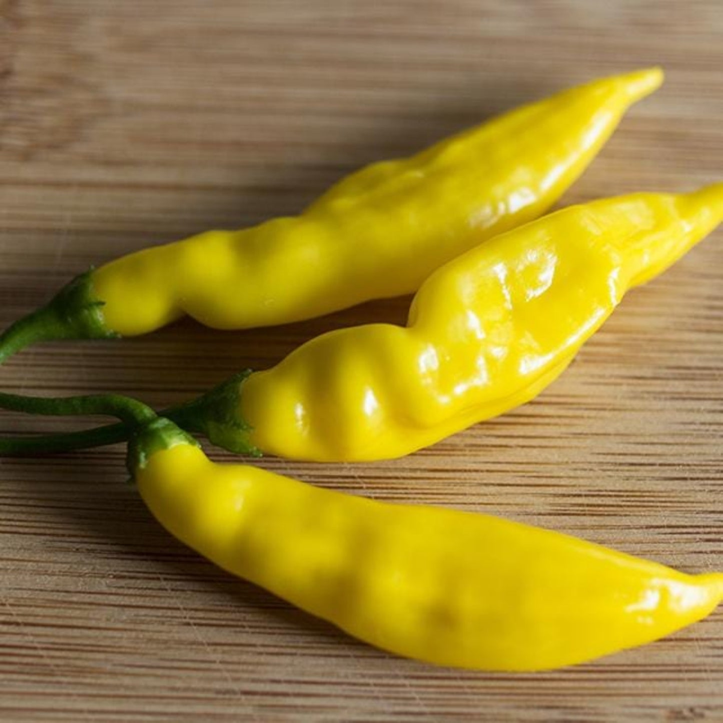 three yellow aji lemon drop peppers on wood table used to represent seeds for sale