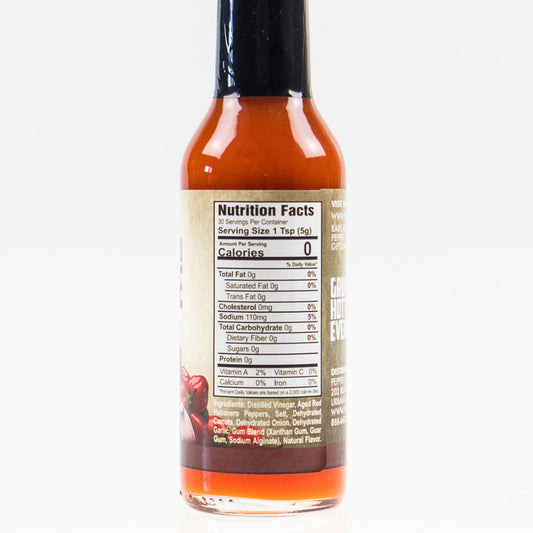 Back label of Pepper Joe's Habanero Garlic Hot Sauce bottle showing ingredients and nutrition facts