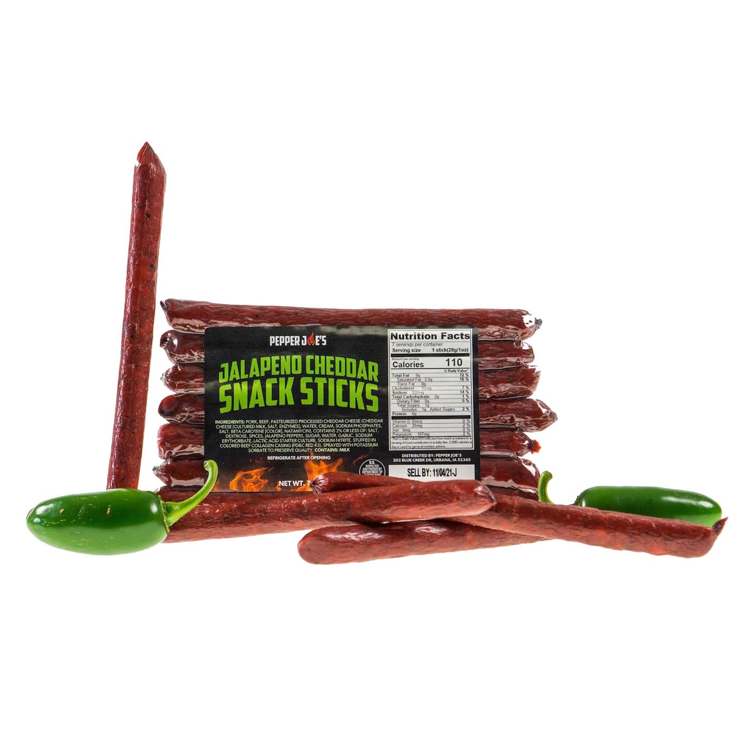 Pepper Joe's Jalapeno Cheddar meat snack sticks - spicy meat snacks with green jalapenos on white background
