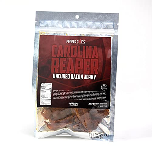 Pepper Joe's Carolina Reaper spicy bacon jerky on white background