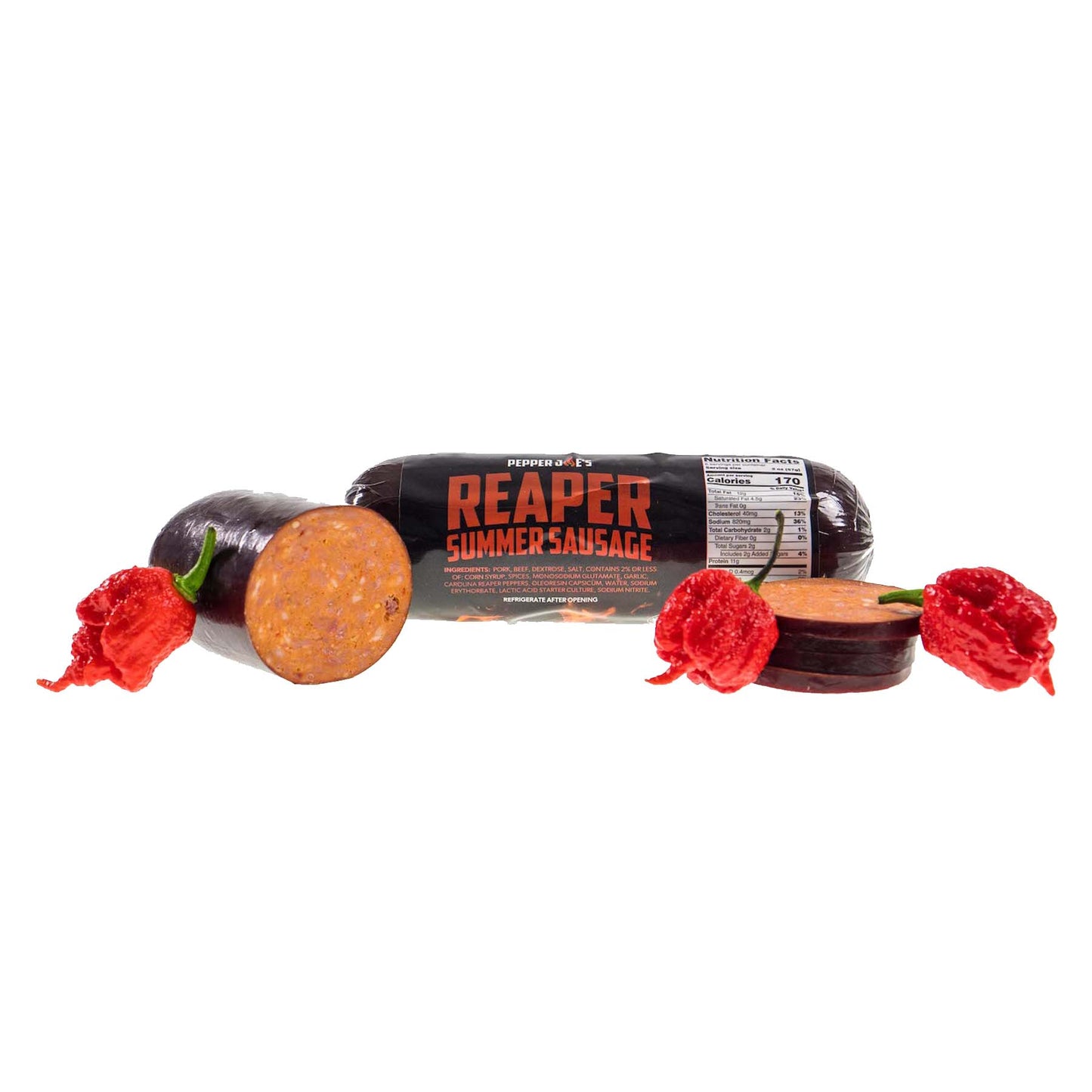 Pepper Joe's Carolina Reaper spicy summer sausage with carolina reaper peppers on white background